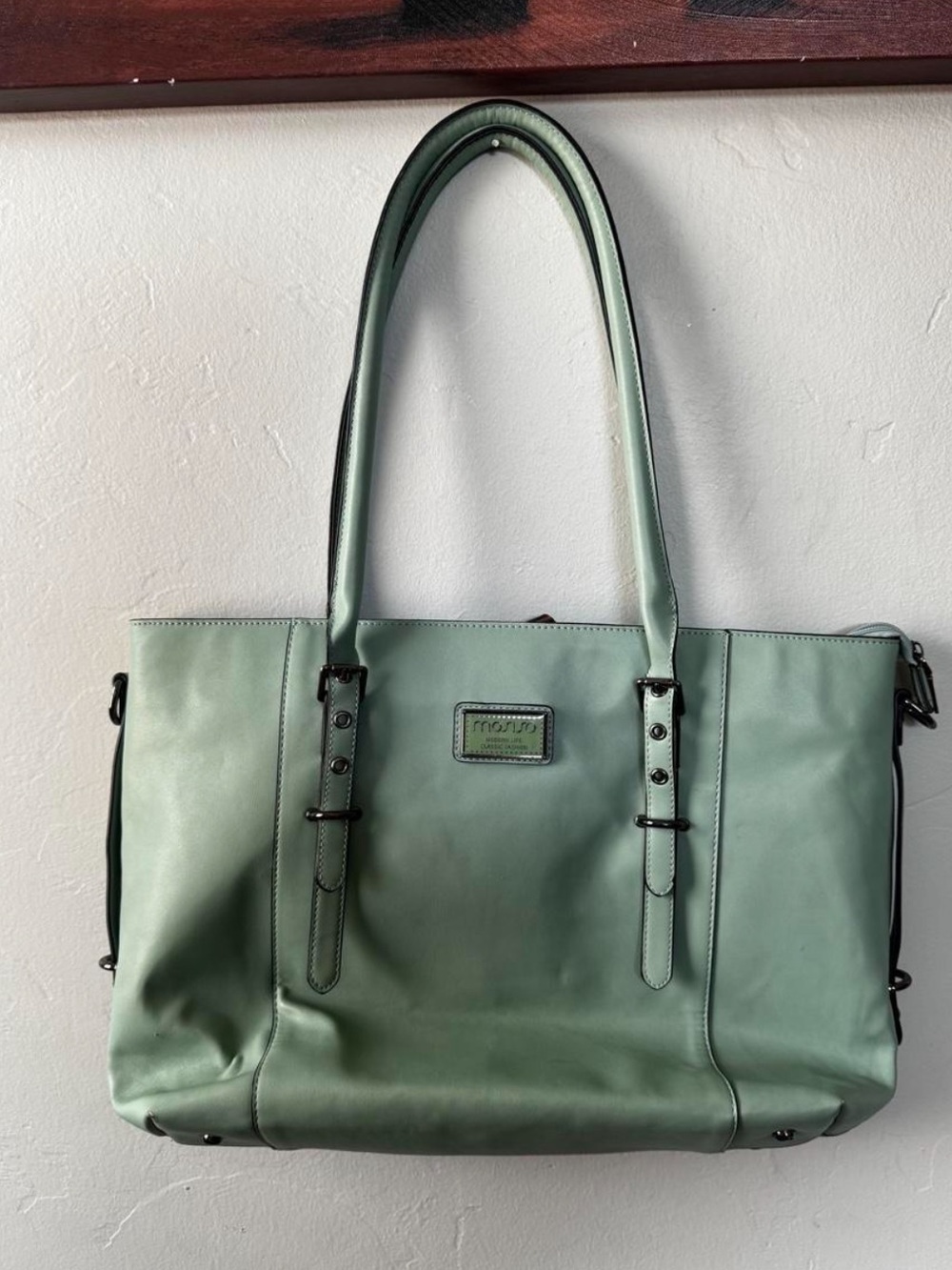 Mint Green Leather Tote with Dual Strap Detail